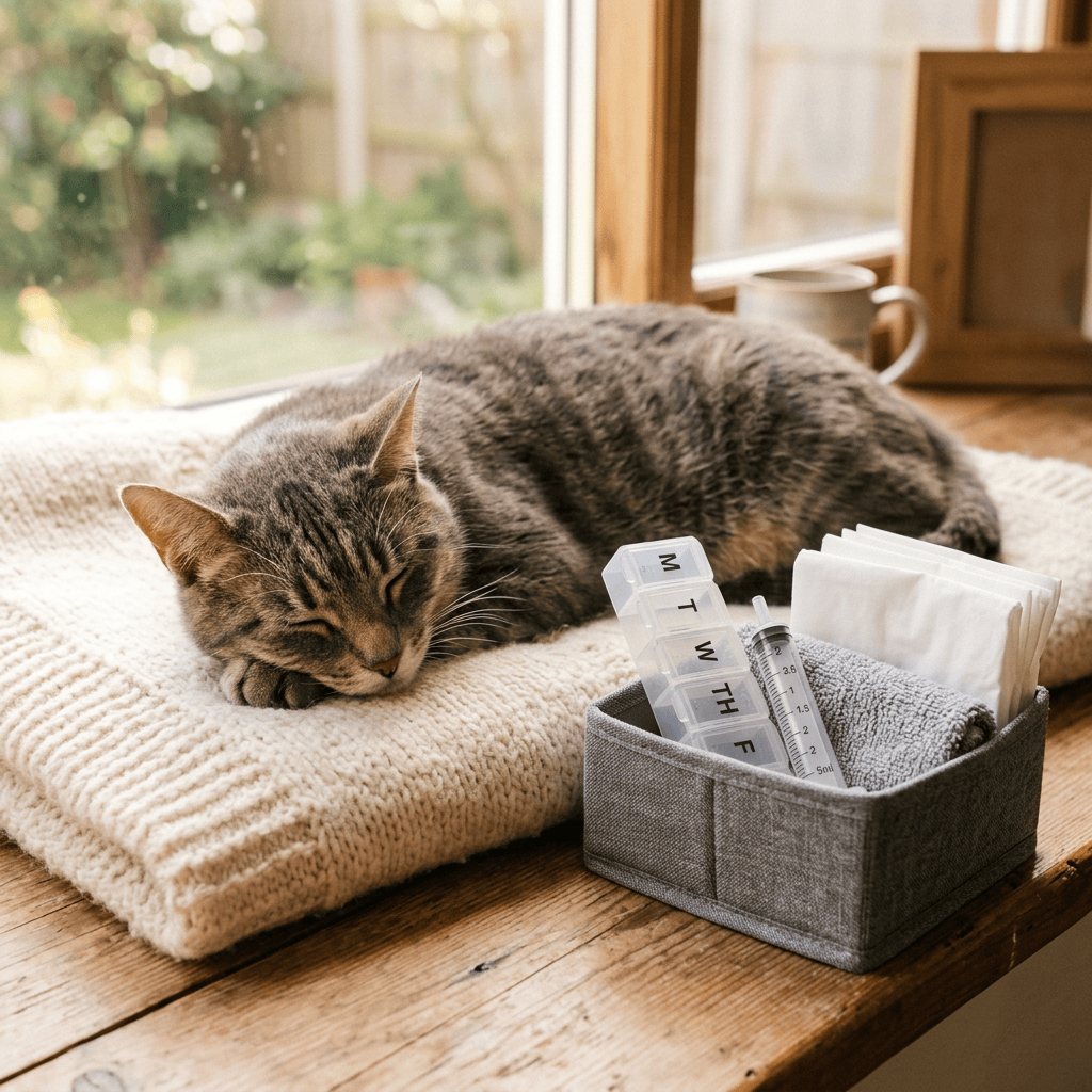 Sleeping tabby cat beside medication organizer, syringe, tissues, and towel