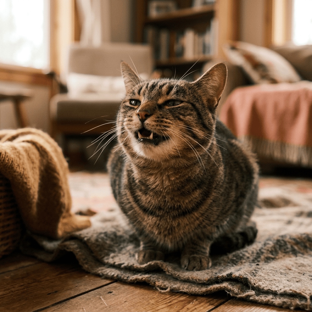 Striped cat sitting on a rug with its mouth open