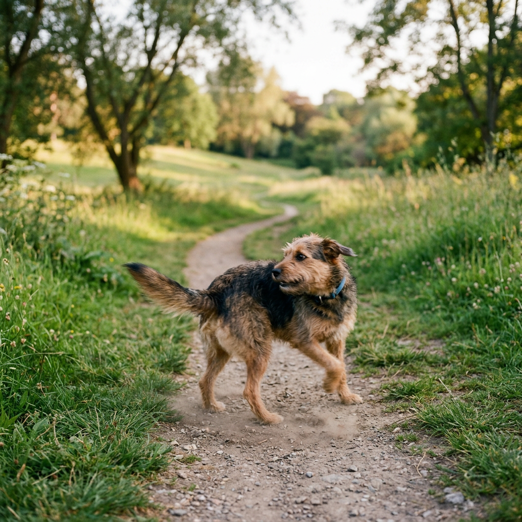 Dog standing on a dirt path through a sunlit green park